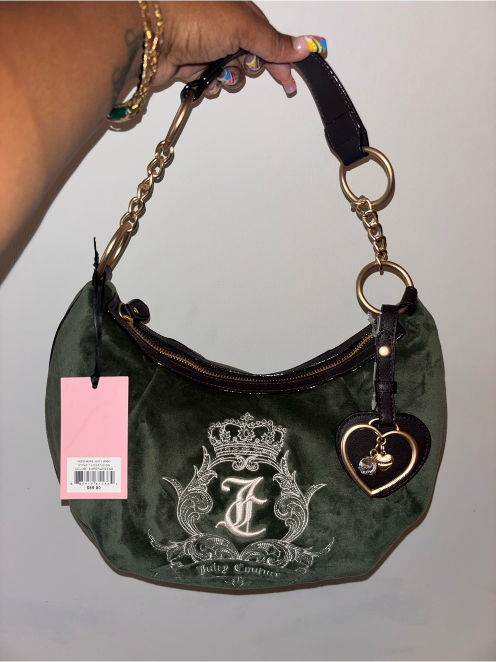 Juicy Couture Olive Velvet Shoulder Bag with Gold Heart Charm